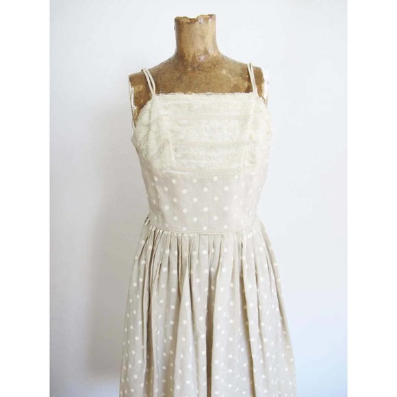 Vintage 50s Lace and Polka Dot Beige White Strappy Sundress XS - Picture 4 of 5